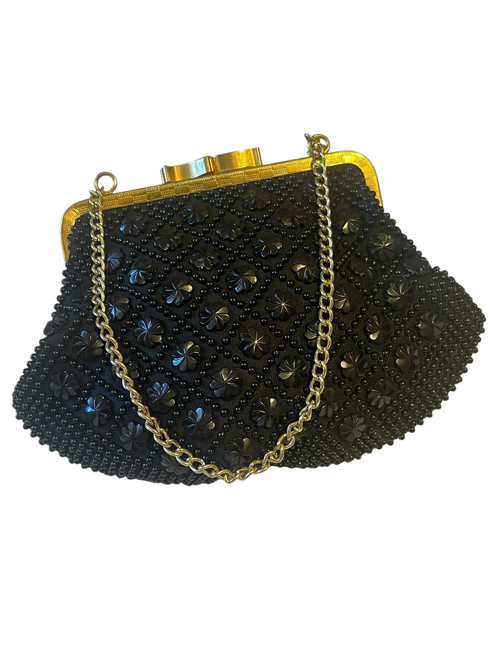 1950’s Handmade in Hong Kong Black Beaded Kiss-Lock Clutch Purse